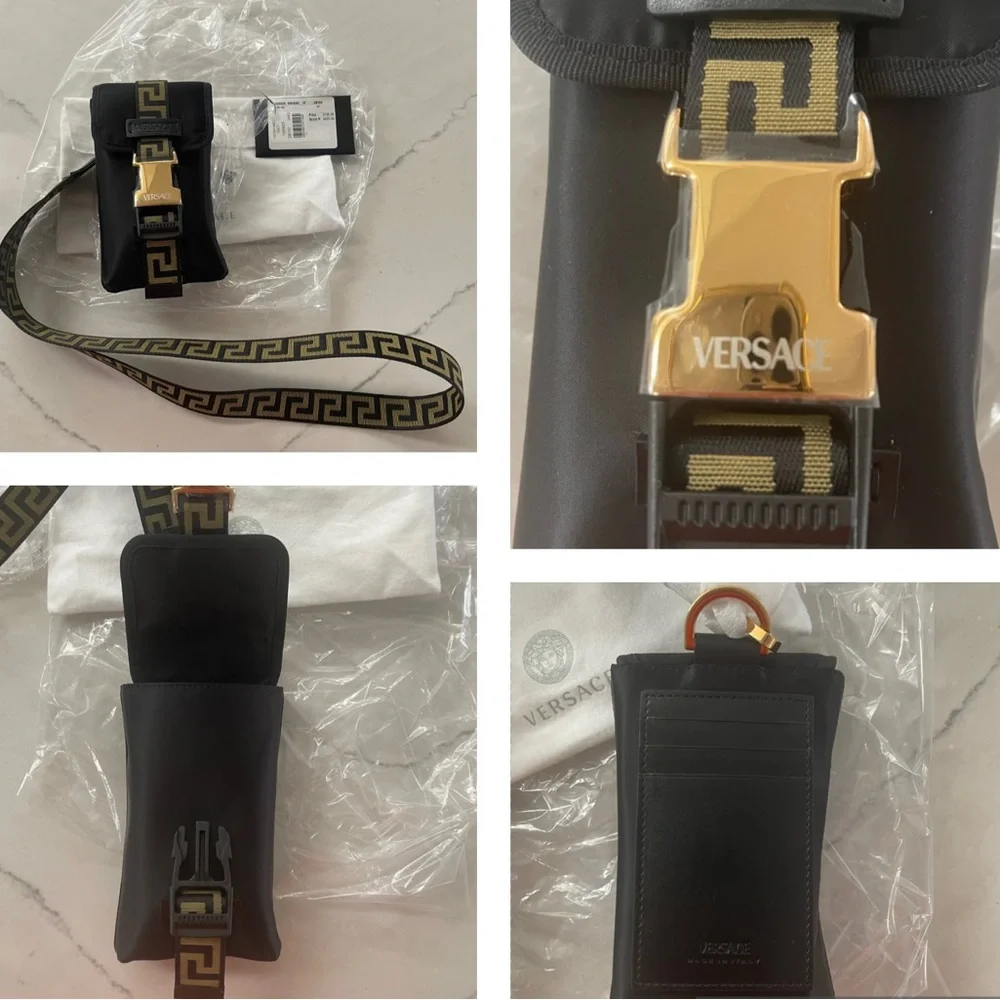 VERSACE LANYARD PHONE CASE WITH MINI SHOULDER/ NECK LOGO GRECA PATTERN STRAP
